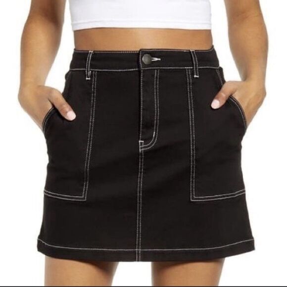 NWOT ZARA TRF Collection Denim Mini Skirt Black A-Line Contrast Stitching Large - Picture 1 of 7